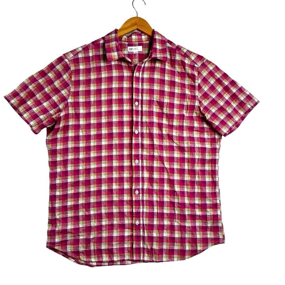 GAP Shirt‎ Men's Size L Linen Blend Plaid Button Up Short Sleeve Shirt Berry